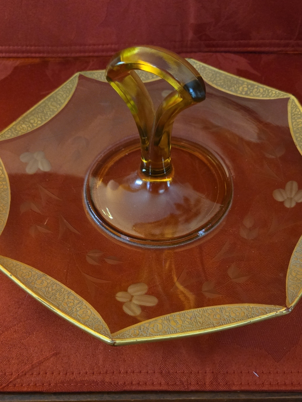 Tiffin Rambler Rose Amber Depression Glass Tid-bit Tray with Gold Trim